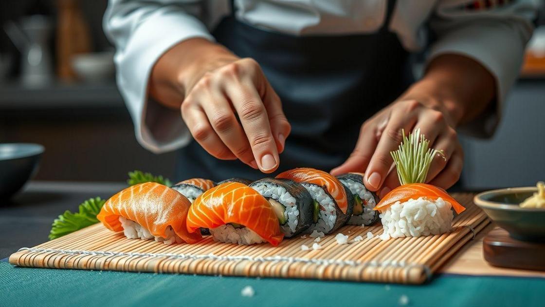 Fazendo rolos de sushi como um chef Fazendo rolos de sushi como um chef