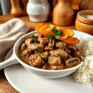 Strogonoff de Carne com Batata Palha Delícia